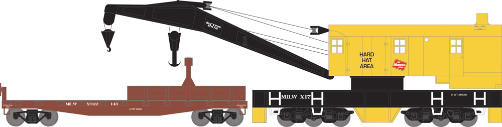 Yellow and black crane train car and brown flatcar