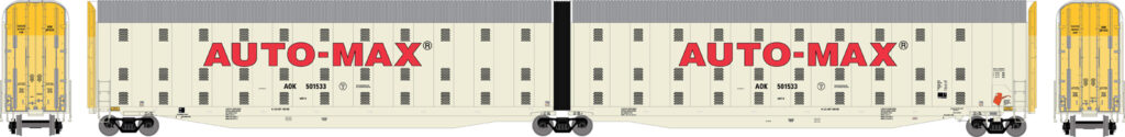 Drawing of articulated auto rack car with red "Auto-Max" lettering