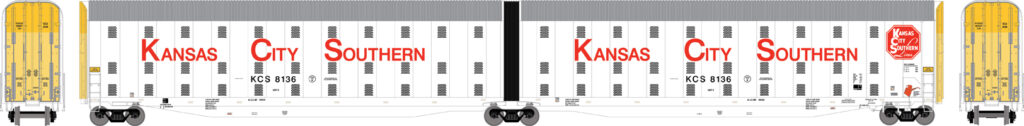 Drawing of white auto rack car with red "Kansas City Southern" billboard lettering