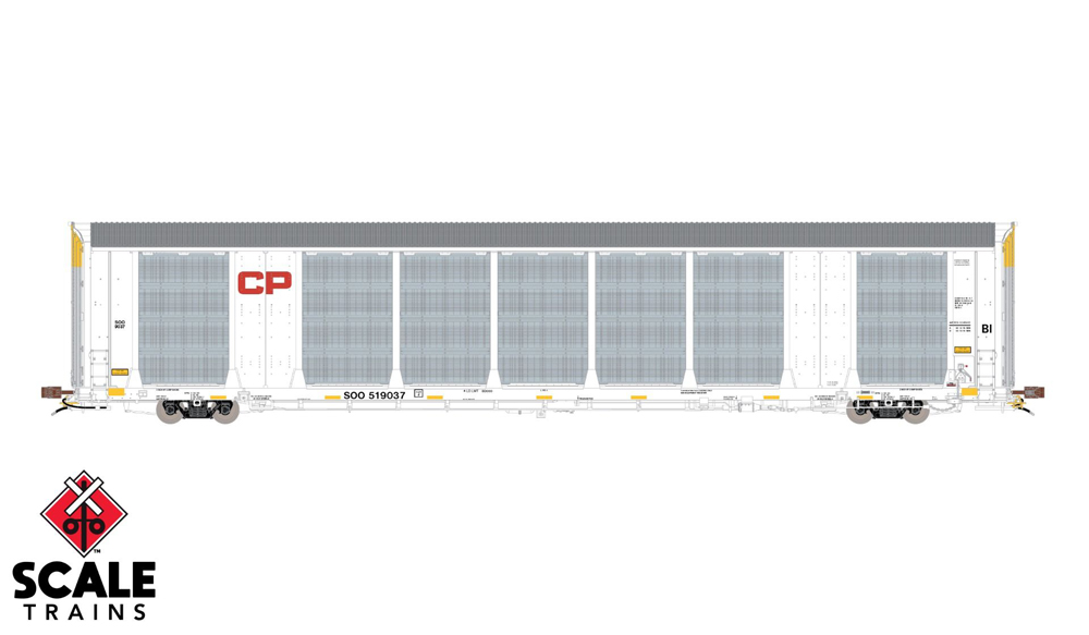 Drawing of white and silver auto rack train car