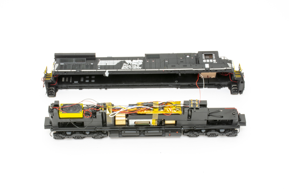 A model locomotive with exposed interior depicting the LocoFi 3 Module