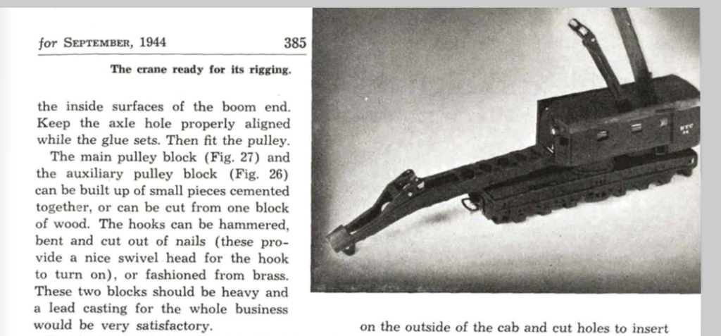 vintage article showing scratchbuilt crane with magazine text