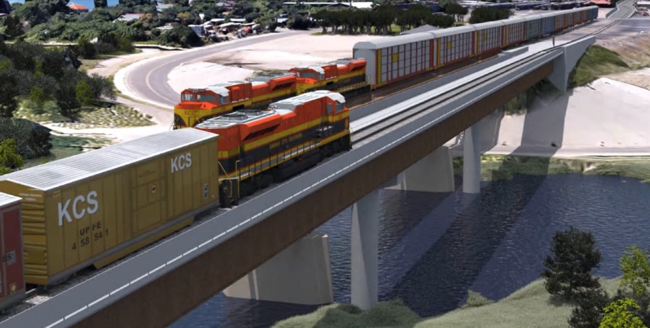 Illustration of trains meeting on parallel bridges
