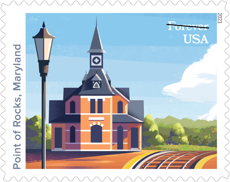 Postage-stamp art of train station