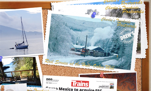 Collage of postcards on a bulletin board.
