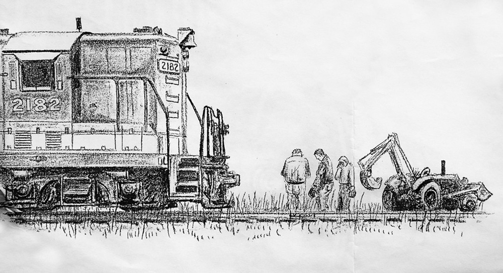 drawing of a train and workers