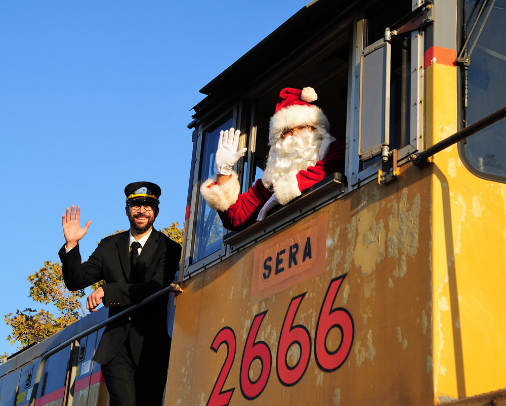 santa on train waving