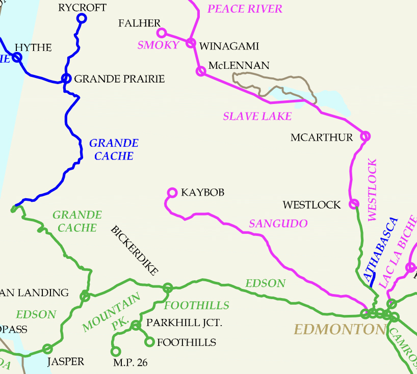 Detail from CN system map showing lines in northwestern Alberta