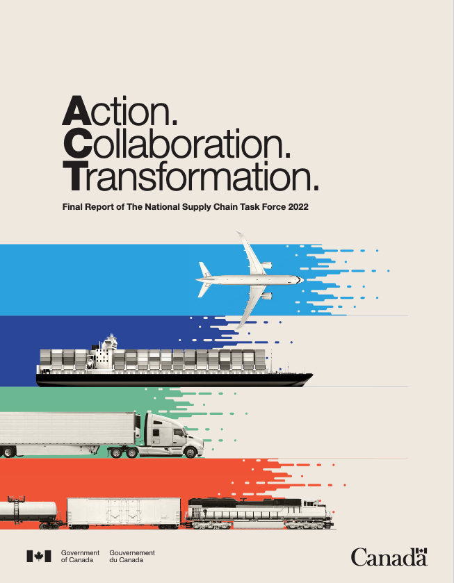 Cover of document showing an airplane, a ship, a truck, and a train