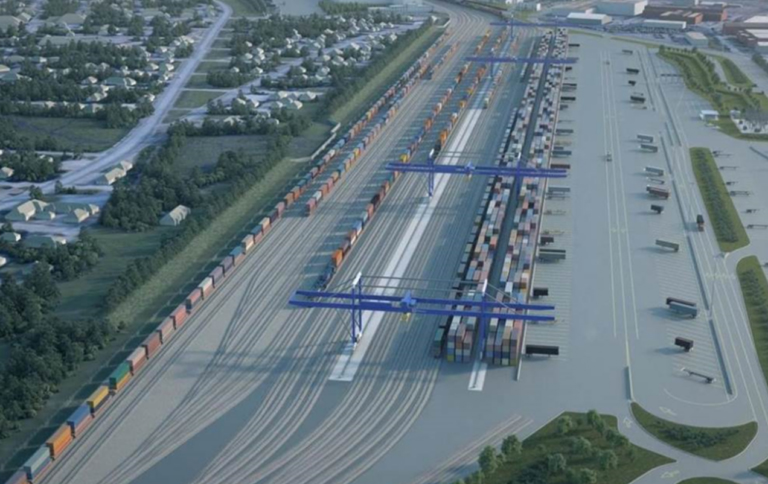 Image of yard with intermodal cranes from aerial perspective
