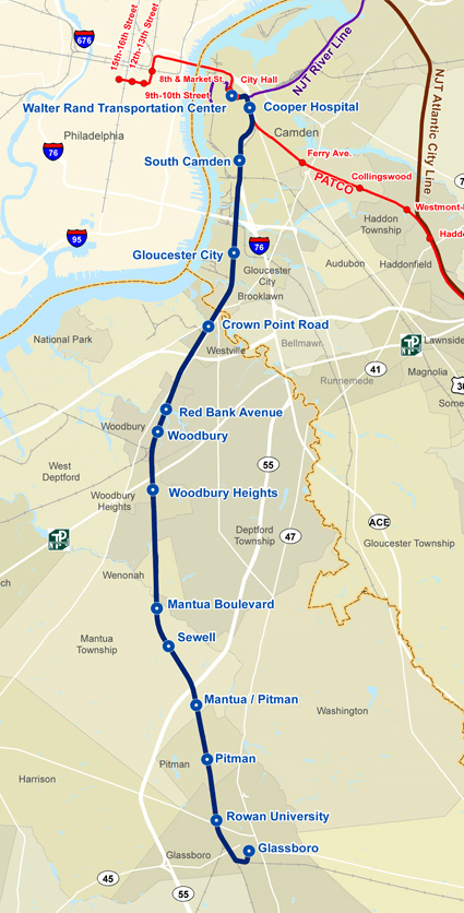 Map of rail line between Camden and Glassboro, N.J.