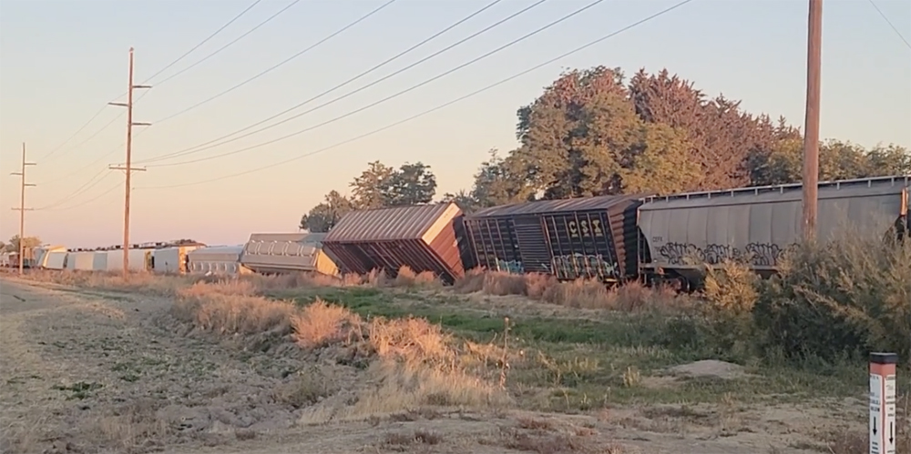 String of derailed freight cars