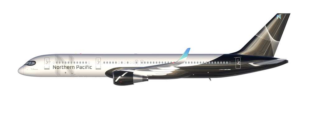 Side view of white and gray airplane with blue accents