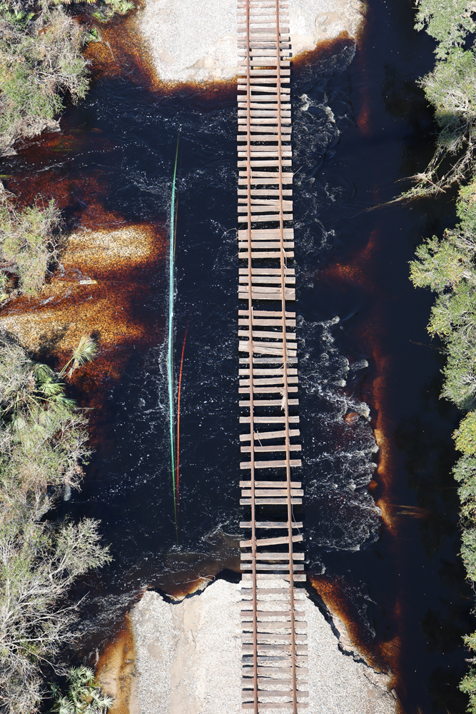 Overhead view of washed out rail line