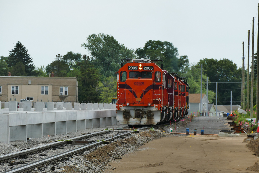 Locomotives pass through construction zone