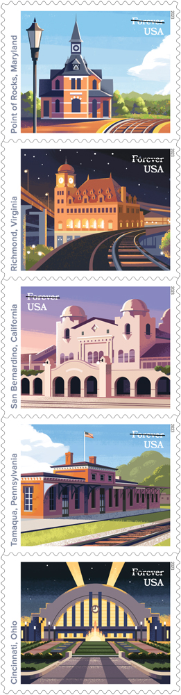 Images of five postage stamps of railroad stations