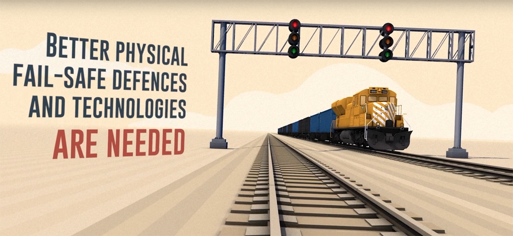 Image from video with on-screen statement that "better physical fail-safe defenses and technologies are needed" to address signal issues