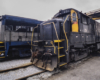 black locomotive with yellow door