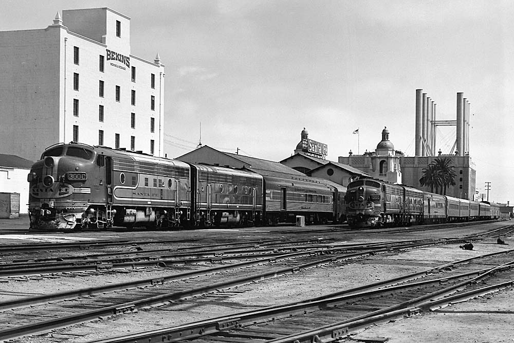 Amtrak San Diego service passenger trains line up at San Diego station