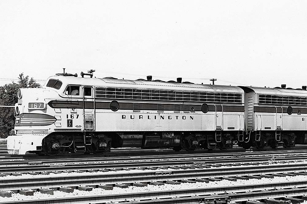 Streamlined diesel locomotive in yard without train was among best-selling Electro-Motive diesel locomotives