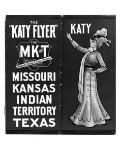 Woman with hand outstretched next to Missouri-Kansas-Texas logo