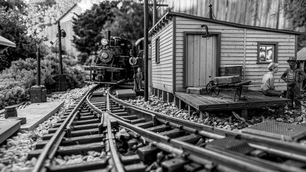 black-and-white image of model steam locomotive