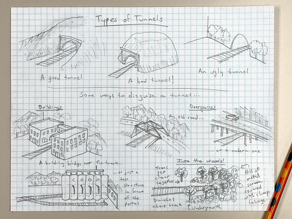 A sketch on graph paper of ways to disguise model railroad tunnels with structures, overpasses, and trees