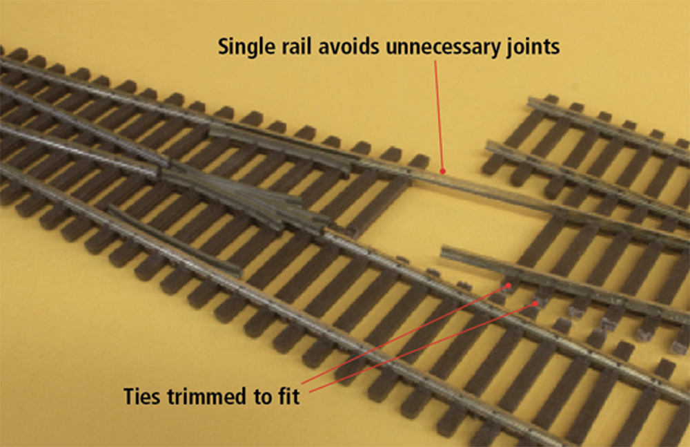 Two sections of brown model railroad track joined together against a yellow background