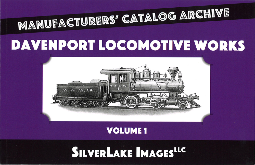 Davenport Locomotive Works, Vol. 1: A purple catalogue with white text and a black and white photograph of a locomotive