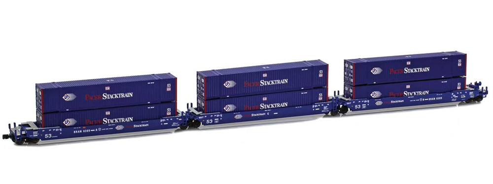 # blu freight cars each crrying 2 blue shipping containers against a white background 