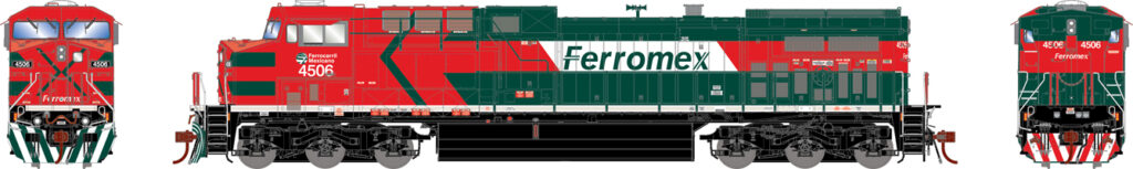 A model locomotive in a green and red Ferromex paint scheme