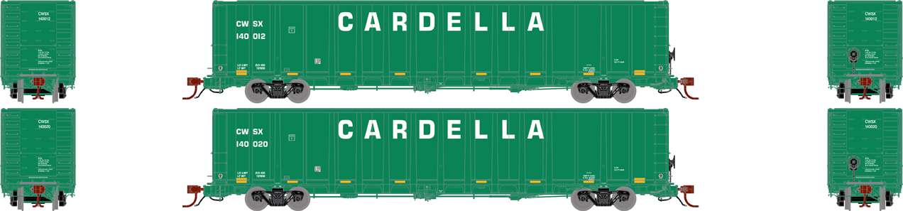 A green gondola freight car is shown from the side, rear and front