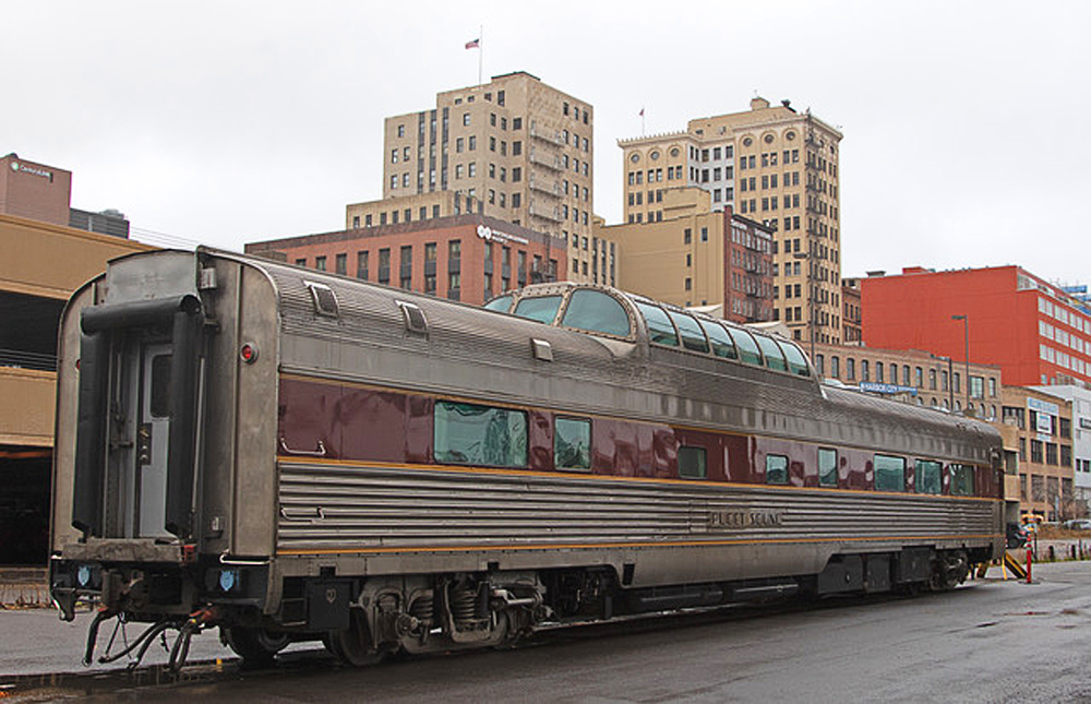 stainless steel dome car with city background.