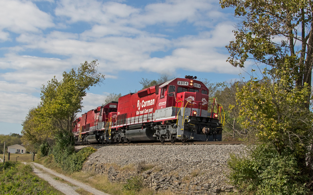 two red and grey diesels passing green trees