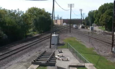 Overhead view of railroad diamond crossing.
