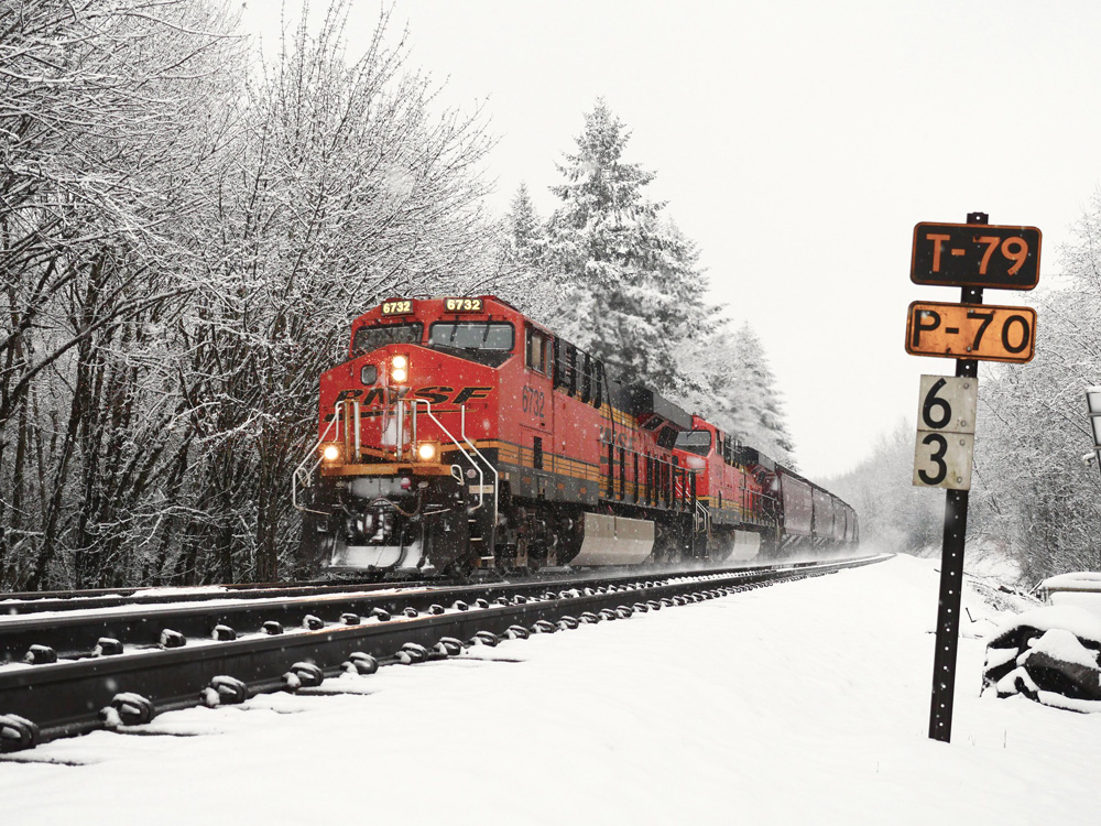 Train in snow next to milepost