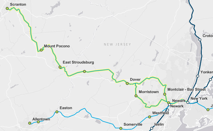 Map showing rail route from New York City to Scranton, Pa.