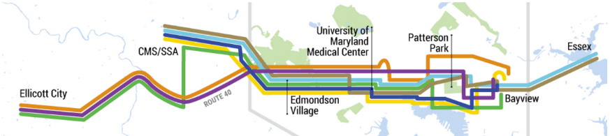 Map showing seven possible east-west transit corridor routes in Baltimore area