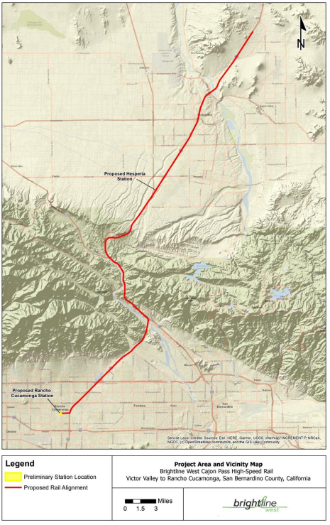 Map of rail line between Victor Valley and Rancho Cucamonga, Calif.