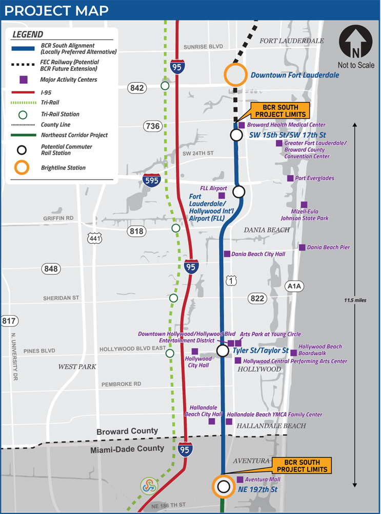 Map of the Broward Commuter Rail project
