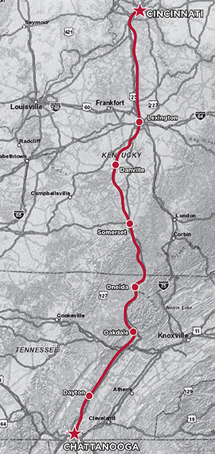 Map of rail line from Cincinnati, Ohio, to Chattanooga, Tenn.
