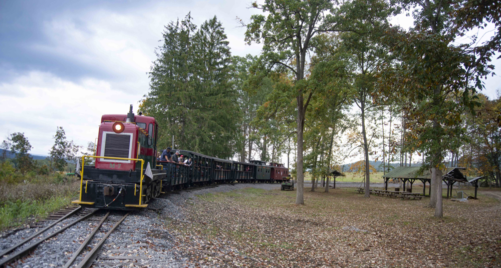 Diesel and open-air passenger car on curve next to picnic aea