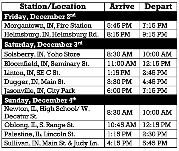 Schedule for Indiana Rail Road Santa Train