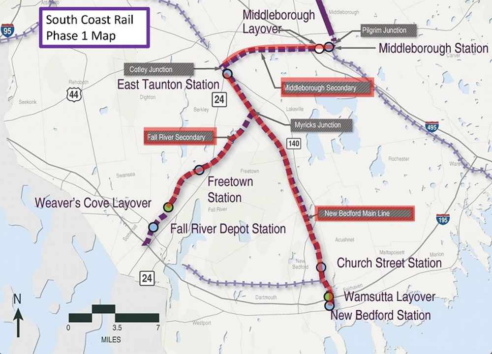 Map of rail lines to Fall River and New Bedford, Mass.