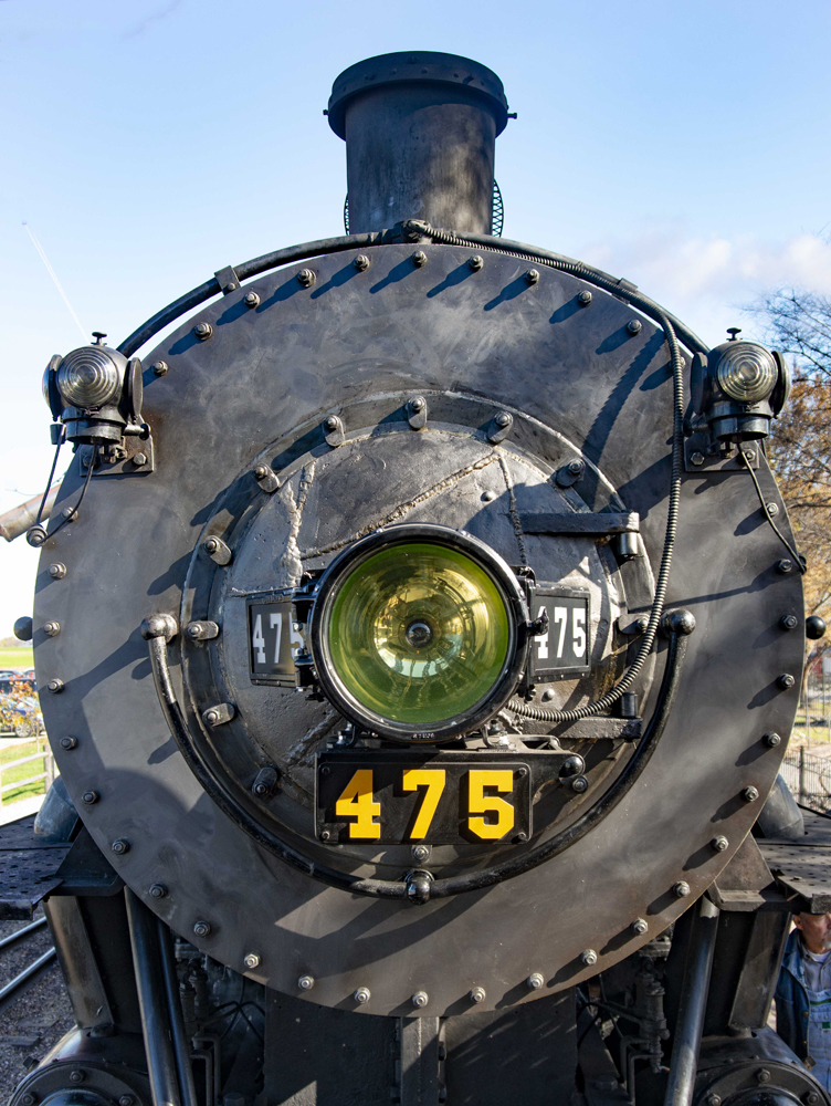 Front view of locomotive with weld repairs visible