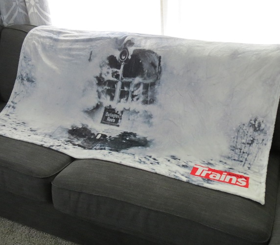 Black and white image blanket on a couch.