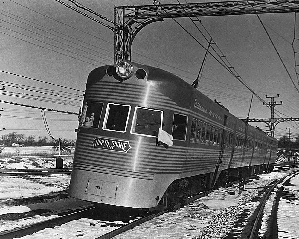 Streamlined Chicago North Shore & Milwaukee equipment under catenary