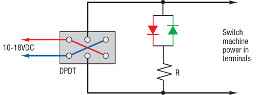 A wiring diagram showing two LEDs and a resistor wired between the power leads of a switch machine