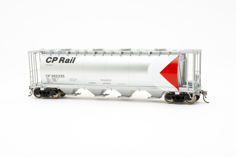 Canadian cylindrical hopper: A silver model hopper car against. white background