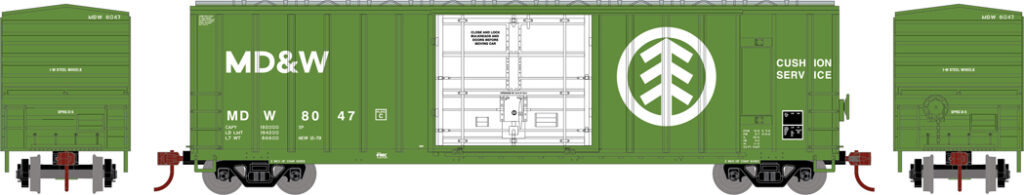 Food Machinery Corporation 50-foot boxcar: an illustration o a green model boxcar against a white background